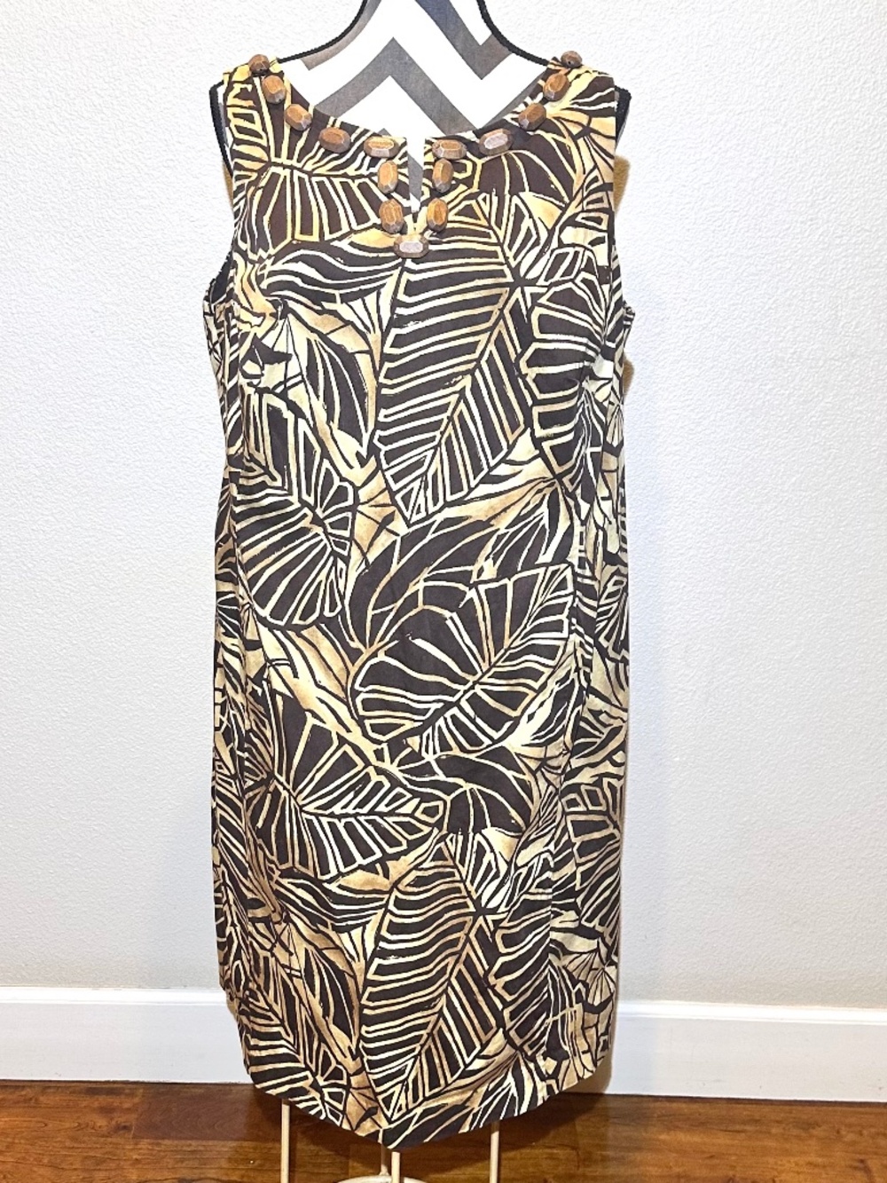Jones New York Tropical Palm Lead Sheath Cotton Dress With Beaded Neckline